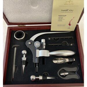 Vintage Collection Wine Opener 9 Pc Set Accessories in Wooden Box Bartender Kit